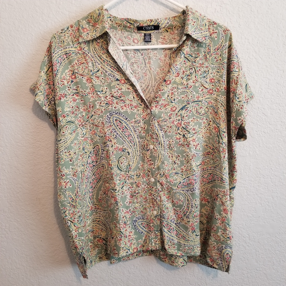 Chaps Floral Button Down Short Sleeve Top